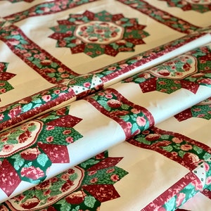 Cheater Quilt Top - 232 cm bred Calico Salem Star - Bred rygg - 100 % bomull - Som metervara eller halv metervara - Vinröd, grön och rosa