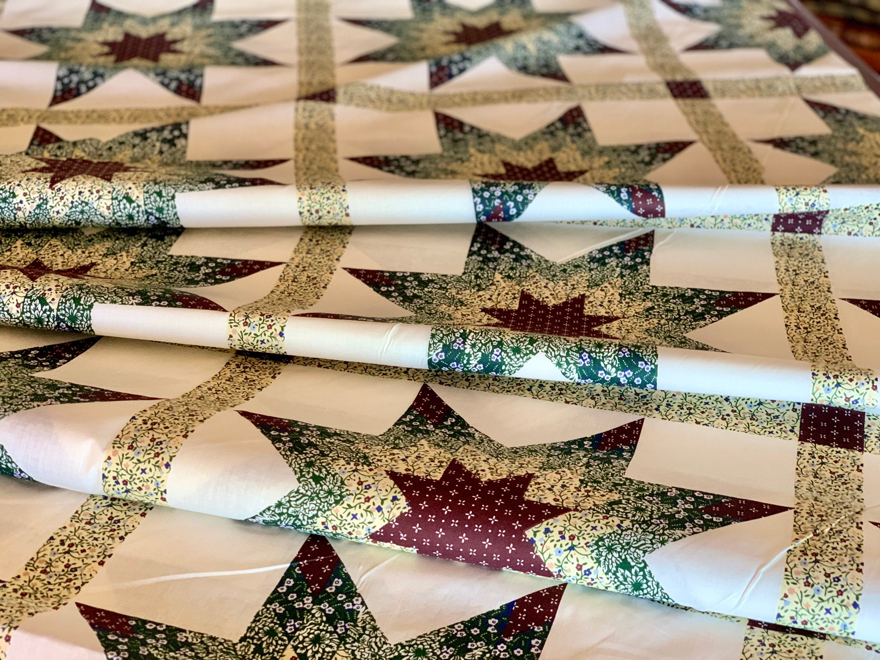 Cheater Quilt Top - 90” Wide Calico Star Wide Back - 100% Cotton - By the Yard or Half Yard - Burgandy, Cream Calico Stars