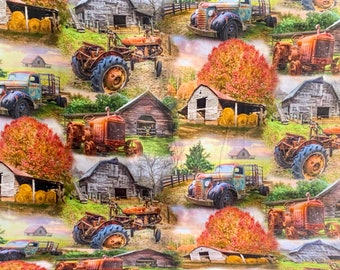 Farm Scene Fabric Available by the Yard, 1/2 yard, 1/4 yard, and Fat Quarter - Barns, Tractors, and old Farm Truck