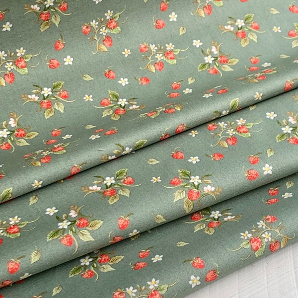 Strawberries Farm Meadow by Clare Therese Gray Windham Fabrics - Slate Green 52796-10 Cotton Fabric by the Yd, 1/2 yd, 1/4 yd & Fat Quarter