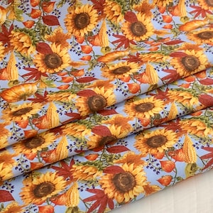 Pumkin and Sunflower Cotton Fabric Available by the Yard, 1/2 yard, 1/4 yard, and Fat Quarter - Light Blue Sunflower and Pumpkin Fabric