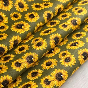 Sunflower Fabric Collection - Olive Green - Sunflower Decor - Cotton - By the Yard, 1/2, 1/4, or Fat Quarter