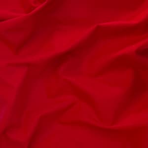 Puede incluir: Primer plano de una tela roja vibrante con pliegues suaves y sombras sutiles. El material parece suave y fluido, creando una sensación de profundidad y textura. El color intenso domina el encuadre.