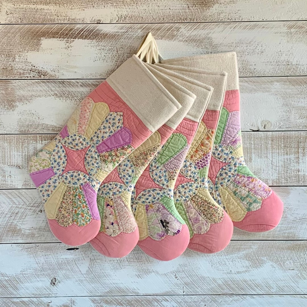 Vintage Quilt Christmas Stocking Farmhouse Christmas Stocking Pink Christmas Stocking Cutter