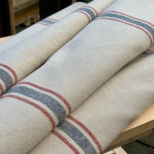 Grain Sack Fabric by the Yard - Ticking Fabric - French Country - Cottage Farmhouse Style - Blue and Red Stripes -20&quot; Wide