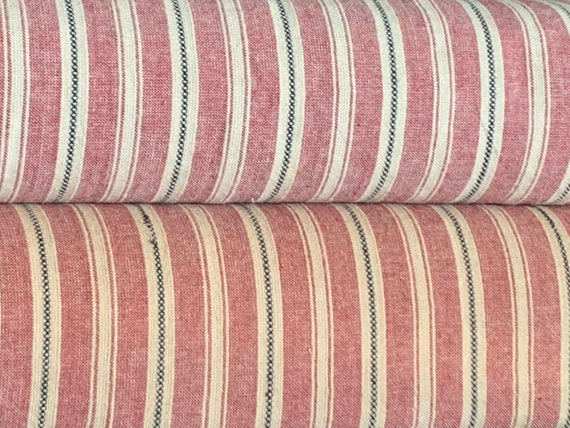 Red And Cream Homespun Ticking Fabric, Primitive Red Stripe Cotton Fabric