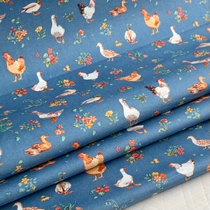 Farm Fowl, Farm Meadow by Clare Therese Gray Windham Fabrics - Blue 52795-9 Cotton Fabric by the Yd, 1/2 yd, 1/4 yd, and Fat Quarter