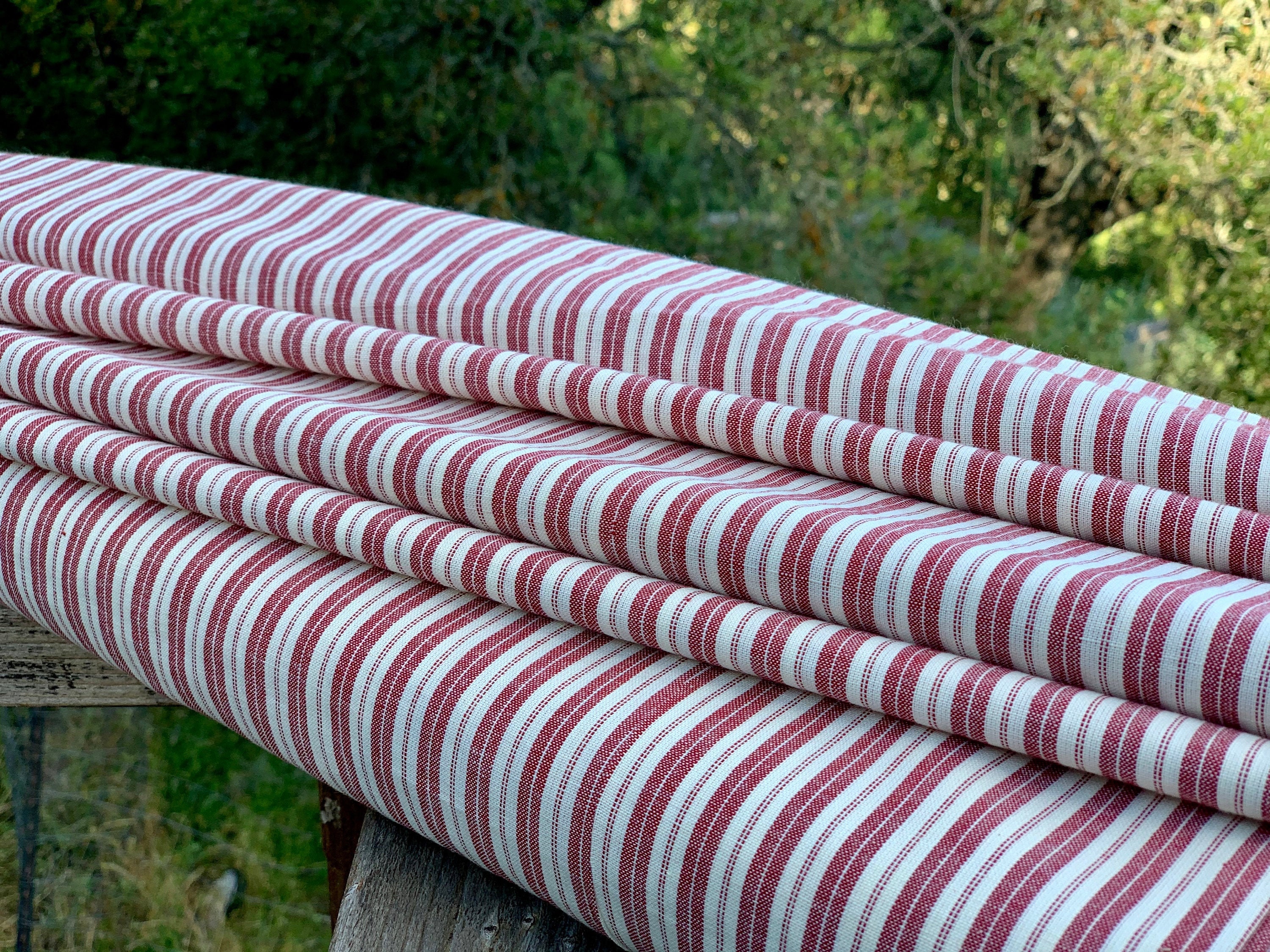 Red And Cream Homespun Ticking Fabric, Primitive Red Stripe Cotton Fabric