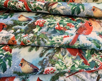 NEW David Textiles Birds for all Seasons - Red Cardinals and Evergreens Panel and Fabric by the Yard - Christmas Fabric - 44" - 100% Cotton