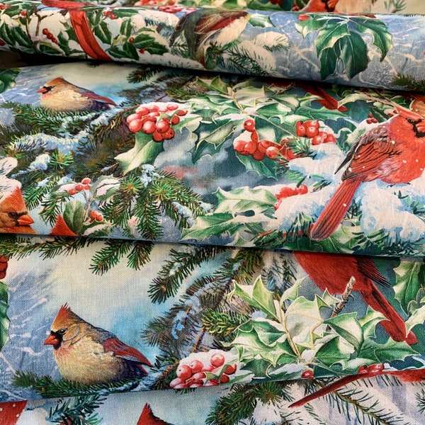 NUEVO David Textiles Birds for all Seasons - Panel y tela Red Cardinals and Evergreens cortados a medida - Tela navideña - 44" - 100% algodón