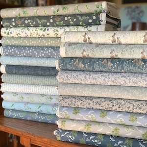 Midsummer Collection by Hackney and Co - Windham Fabrics - Floral, Rabbit, Bunny - Soft Gray, Dark Blue, Cream - by the yard or fat quarter