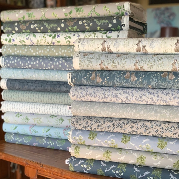 Midsummer Collection by Hackney and Co - Windham Fabrics - Floral, Rabbit, Bunny - Soft Gray, Dark Blue, Cream - by the yard or fat quarter