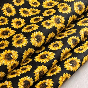 Sunflower Fabric Collection - Black - Sunflower Decor - Cotton - By the Yard, 1/2, 1/4, or Fat Quarter