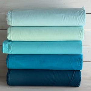 May include: Five rolls of fabric in varying shades of blue, from light aqua to deep teal. The fabric is neatly rolled, showcasing a gradient of colors. The rolls are stacked on top of each other, creating a visually appealing display.