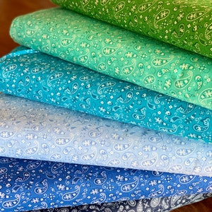 Bandana Paisley Fabric Collection - Navy Blue Turquoise Pale Blue Green - 100% Cotton - By the Yard  or Fat Quarters - 44&quot; Wide -Bandana