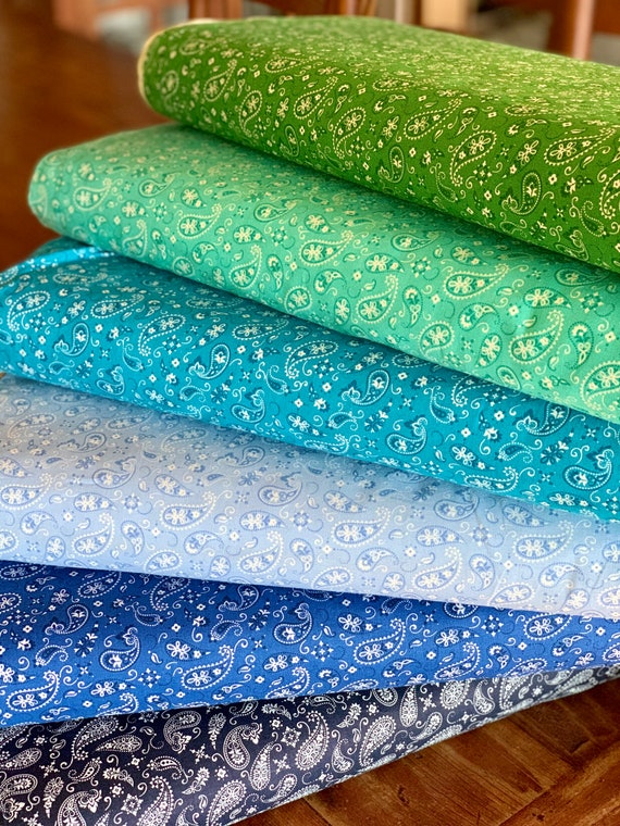 Bandana Paisley Fabric Collection - Navy Blue Turquoise Pale Blue