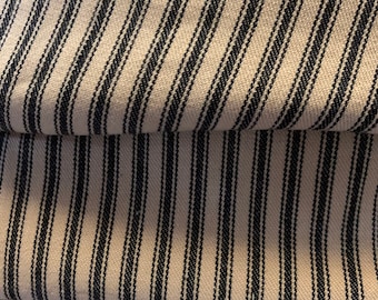 63" Ticking Fabric by the Yard - Vintage Ticking - Medium Weight- French Country - Woven - Black & Tan Stripes