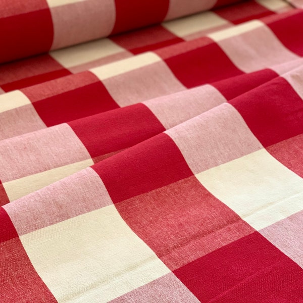 4” Buffalo Plaid Upholstery Drapery Fabric - Designer Quality - Farmhouse Style - Red and Cream Plaid Check - 54” Wide