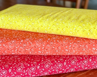 Bandana Paisley Fabric Collection - Red Yellow Orange - 100% Cotton - By the Yard or Fat Quarter- 44" Wide - Paisley Fabric - Bandana Fabric