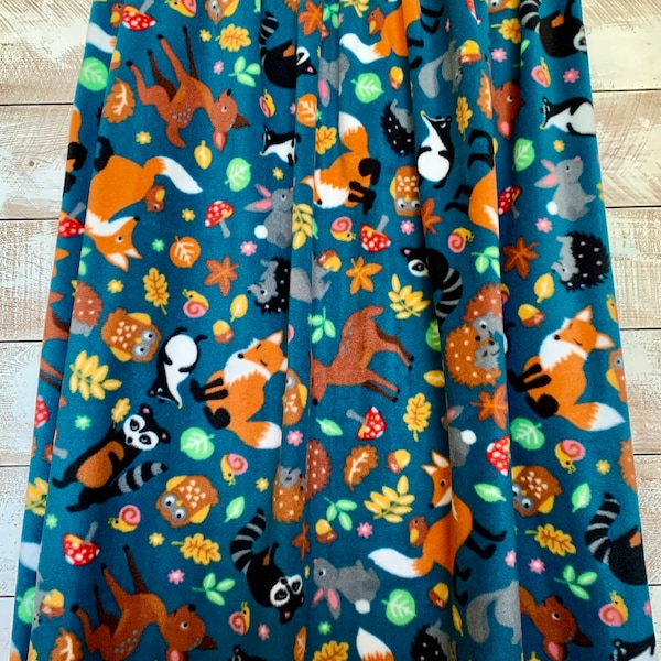 Woodland Friends - Children Fleece - Deer, Fox, Racoon, Bunny, Mushrooms - Blue - 60” Wide - Anti Pill - by the yard