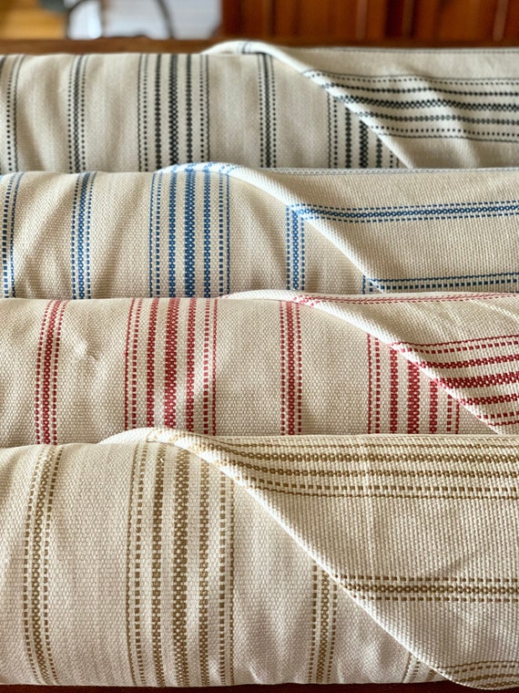 Ticking Upholstery Weight Fabric Grain Sack and Farmhouse Style Fabric  Blue, Black, Gold Flax, & Red Stripe 56 Wide 