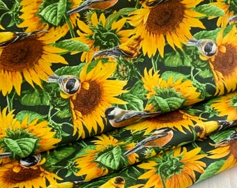 Sunflowers and Birds Cotton Fabric Available by the Yard, 1/2 yard, 1/4 yard, and Fat Quarter - Black Background with Sunflowers and Birds