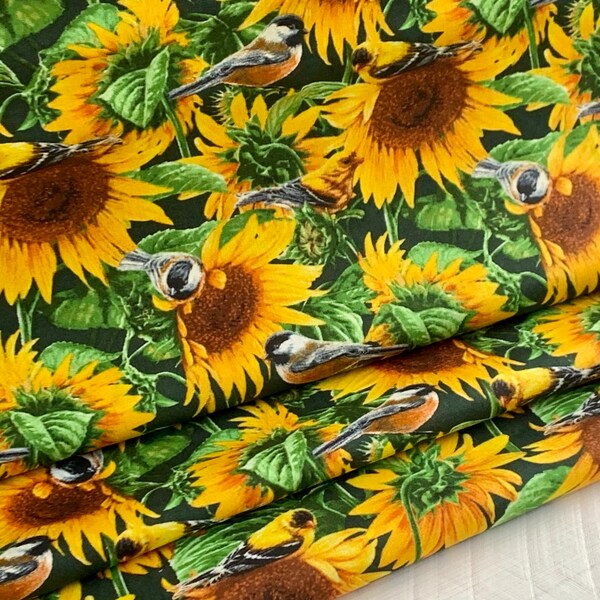 Tissu en coton tournesols et oiseaux disponible par cour, 1/2 cour, 1/4 cour et Fat Quarter - Fond noir avec tournesols et oiseaux