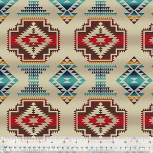 May include: A beige fabric with a repeating pattern of red, blue, and yellow geometric shapes. The pattern is reminiscent of Native American designs.