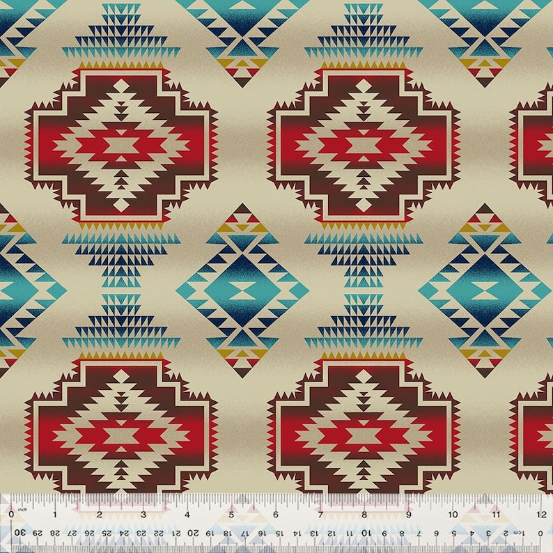 May include: A beige fabric with a repeating pattern of red, blue, and yellow geometric shapes. The pattern is reminiscent of Native American designs.