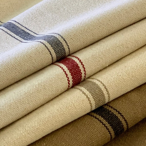 Graanzakstof - Ticking Fabric - Frans land - Cottage Farmhouse Style - Zwart, Rood, Blauw, Tan Stripe op Cream of Brown - op maat gesneden