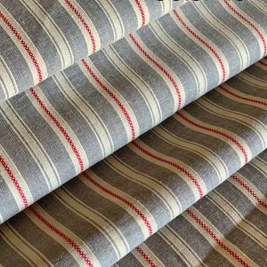 Vintage Style Ticking - Primitive Homespun Ticking Fabric - Striped Homespun Fabric - Country Farmhouse Style - Red Gray Ticking Fabric