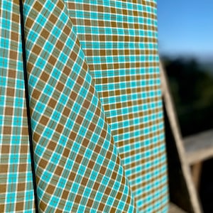Homespun Fabric  by the Yard - Heavy Weight - Aqua Blue and Mustard Check Plaid - Farmhouse Style - Cabin Rustic -Free Shipping
