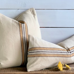 May include: Two decorative throw pillows with a cream colored fabric and brown and black striped accents.