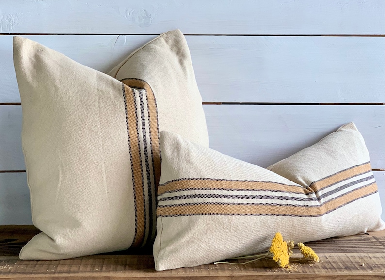May include: Two decorative throw pillows with a cream colored fabric and brown and black striped accents.