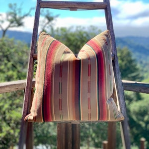 May include: A decorative pillow with a striped pattern in shades of brown, red, and green. The pillow is displayed on a wooden ladder outdoors, with a backdrop of trees and a blue sky.