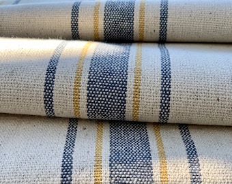 Grain Sack Fabric by the Yard - Ticking Fabric - French Country - Cottage Farmhouse Style -Blue/Yellow Stripes - 54" Wide -1 to 12 YD. Cuts