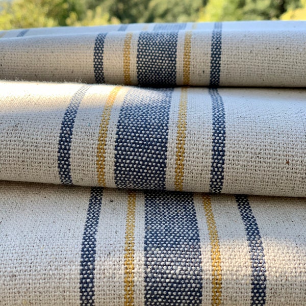 Grain Sack Fabric by the Yard - Ticking Fabric - French Country - Cottage Farmhouse Style -Blue/Yellow Stripes - 54" Wide -1 to 12 YD. Cuts