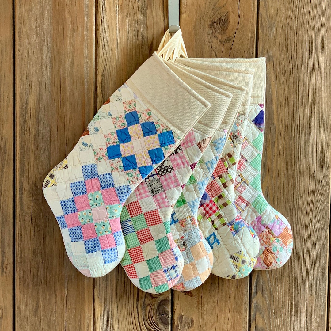 Vintage Quilt Christmas Stocking Farmhouse Christmas Stocking Pink Christmas Stocking Cutter