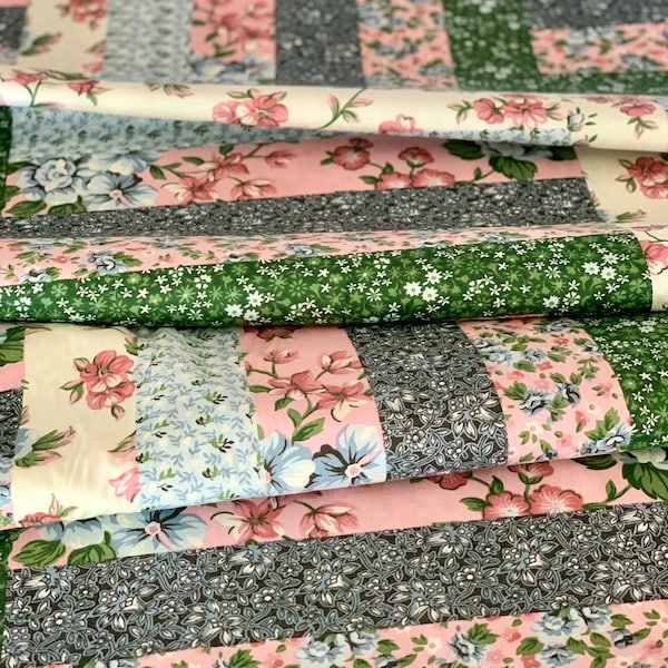 Cheater Quilt Top - 90” Wide Log Cabin Wide Back - 100% Cotton - By the Yard or Half Yard - Pink, Rose, Green, and Light Blue