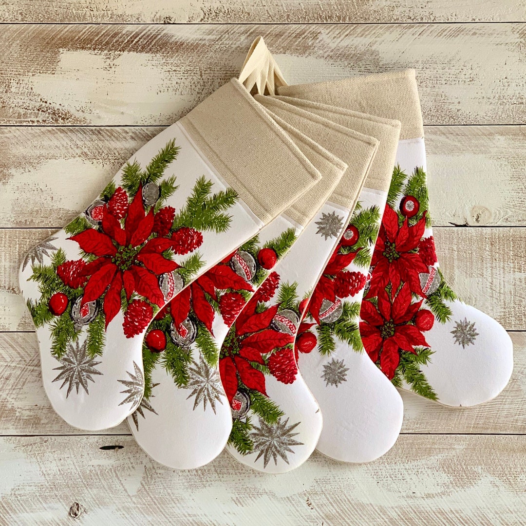 Vintage Fabric Poinsettia Christmas Stocking Farmhouse Christmas