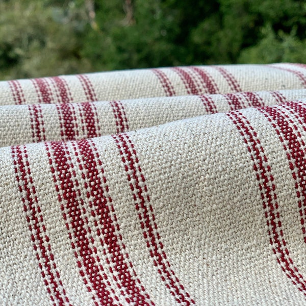 Grain Sack Fabric by the Yard - Ticking Fabric - French Country - Cottage Farmhouse Style - 1 to 12 YD. Cuts - Red Stripes - 54" Wide