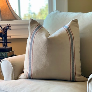 Grain Sack Pillow - Farmhouse Pillow - Cottage Pillows - Farmhouse Style - Feed Sack Pillows - Gray and Blue Stripe Grain Sack Pillow