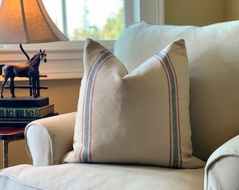 Grain Sack Pillow - Farmhouse Pillow - Cottage Pillows - Farmhouse Style - Feed Sack Pillows - Gray and Blue Stripe Grain Sack Pillow