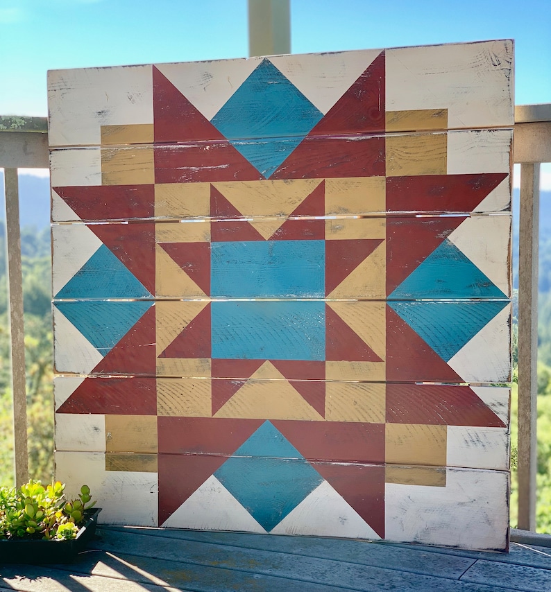 barn quilt three color star pattern hand painted 22 etsy