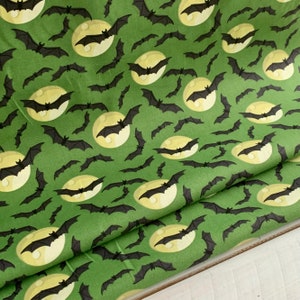 Halloween Bat Cotton Fabric Available by the Yard, 1/2 yard, 1/4 yard, and Fat Quarter - Black Bats on Green Background
