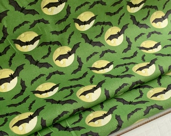 Halloween Bat Cotton Fabric Available by the Yard, 1/2 yard, 1/4 yard, and Fat Quarter - Black Bats on Green Background