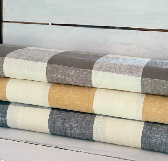 Buffalo Plaid Fabric - Gray, Navy Blue, Butter Yellow - 54” Wide - Home Decor Fabric - Farmhouse Style