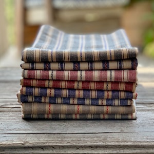 Half Yard Bundle - Striped Homespun Primitive Farmhouse Vintage Ticking Style Fabric - Red, Blue, Gray, Black, 8 Colors/Pieces in Bundle