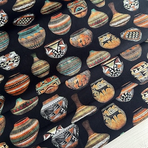 May include: A black background with a repeating pattern of colorful Native American pottery. The pottery is decorated with geometric designs and patterns in shades of red, blue, green, yellow, and brown.