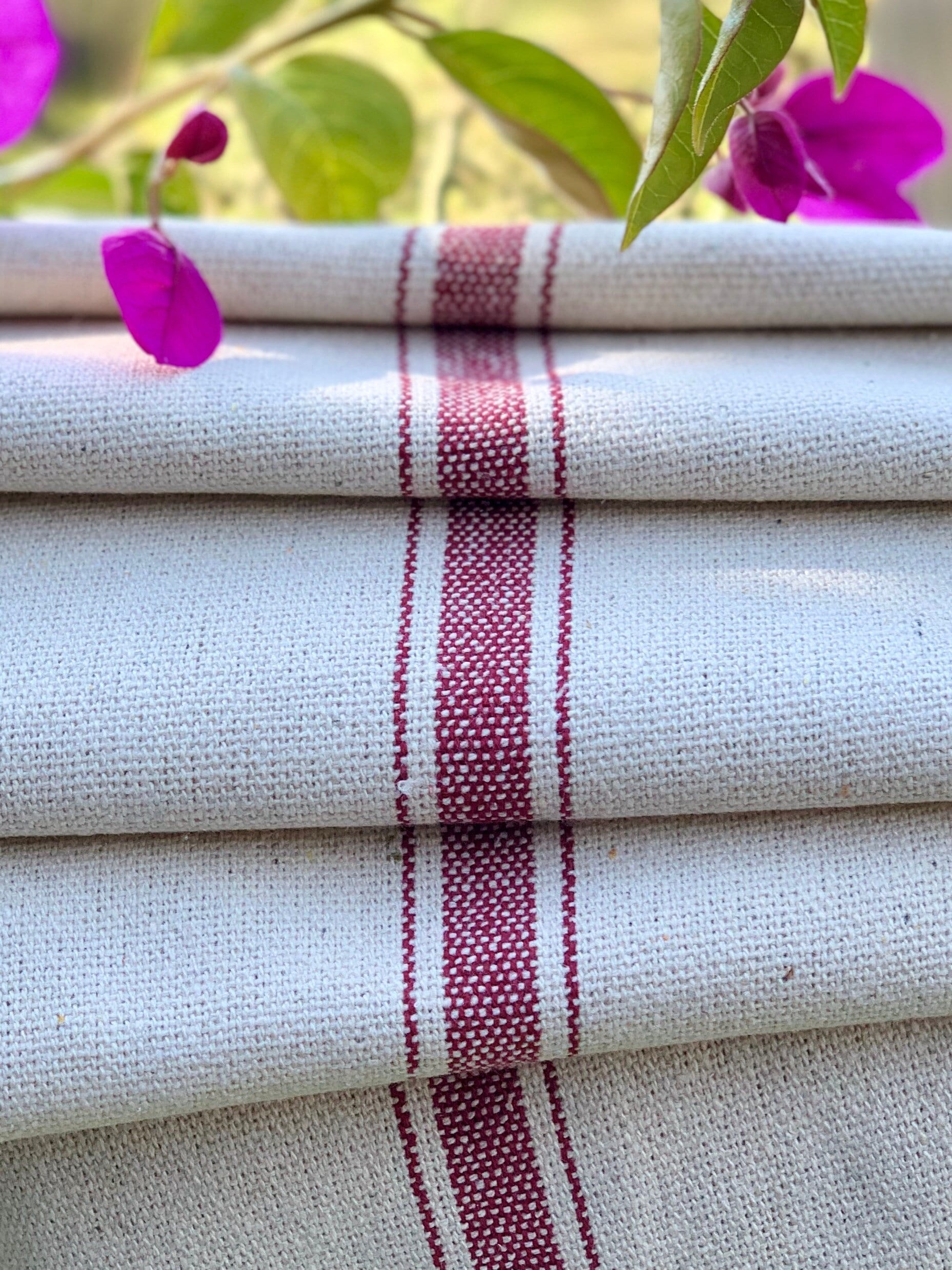 Grain Sack Fabric by the Yard - Ticking Fabric - French Country - Cottage Farmhouse Style - 1 to 12 YD. Cuts - Red Stripes - 54" Wide